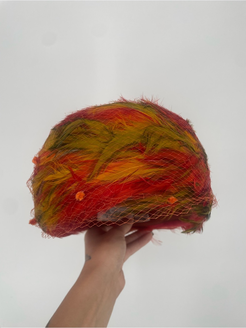 60s Mid Century Red Orange Feathered Pillbox Hat w Netting Union Made Wool Base - Picture 12 of 13